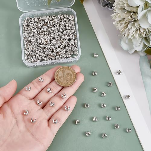 300Pcs 5mm Crimp Bead Knot Covers Brass Platinum Metal Half Round Open Crimp Beads Knot Covers Caps Small Beads Bulk for Craft Supplies DIY Necklace Bracelet Jewelry Making Accessories - color: Platinum