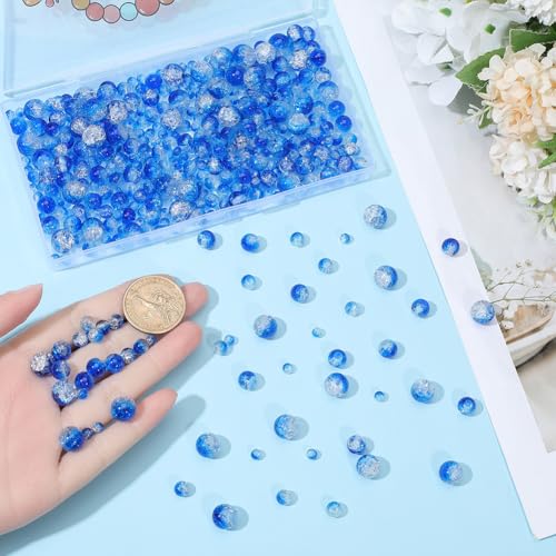 1 Box 450PCS 4/6/8/10MM Blue Crackle Beads with Holes Round Glass Crack Smooth Small Painted Ocean Spacer Loose Bead Bulk for Jewelry Making Necklace Bracelet Earrings DIY Craft Supply - color: Blue