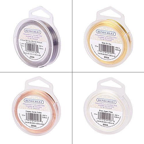 BENECREAT 4 Rolls 20-Gauge Tarnish Resistant Silver/Gold/Copper/Antique Bronze Coil Wire, 132-Feet/44-Yard in Total - color: Silver/Gold/Copper/Antique Bronze
