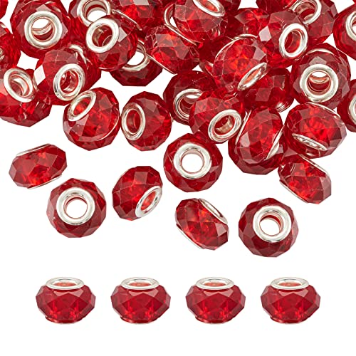 100pcs Red Glass Beads 14mm European Large Hole Beads Faceted Glass Crystal Valentine Christmas Bead for Bracelet Jewelry Making - color: Red