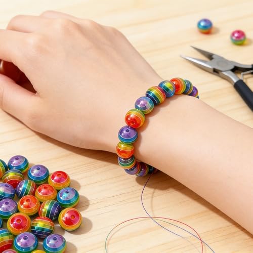 Mixed Lots Shiny Acrylic Rainbow Stripe Bead DIY Beading Hairband Bracelets Necklace Craft Embelishment (Transparent Rainbow Stripe#1) - color: Transparent Rainbow Stripe#1