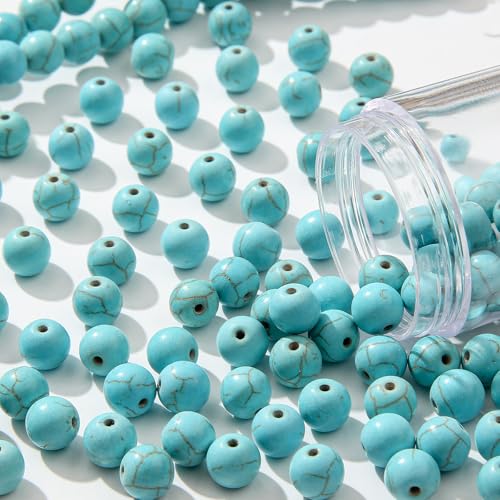 8mm Blue Turquoise Beads 190pcs Natural Stone Bead Gemstone Round Loose Beads for DIY Crafts Bracelet Necklace Earrings Jewelry Making(Blue) - color: blue