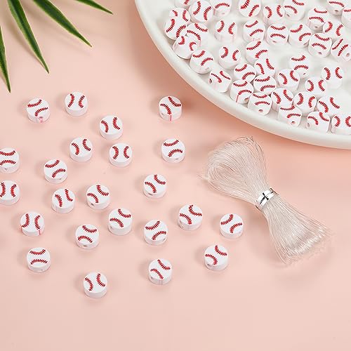 100pcs Baseball Spacer Loose Beads Sports Ball Polymer Clay Beads DIY Jewelry Making for Earring Bracelet Necklace Key Chains Craft Accessories (Baseball) - color: Baseball