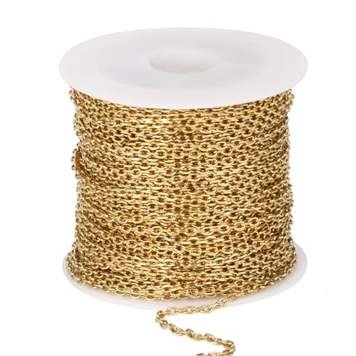 33 Feet Gold Rolo Cable Chain Bulk, 2mm 18K Gold PVD Plated 304 Stainless Steel Diamond-Cut Oval Rolo Cable Link Chains Roll Spool for Jewelry Making - color: Gold Color, size: 2.0mm width