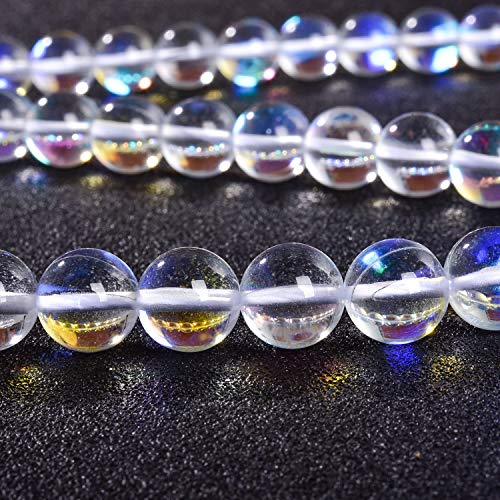 60PCS 6mm White Angel Aura Round Gemstones Polished Mermaid Aura Moonstone Beads Smooth Stone Loose Beads Crystal Quartz for DIY Jewelry Making 1 Strand 15” - color: White, size: 6mm