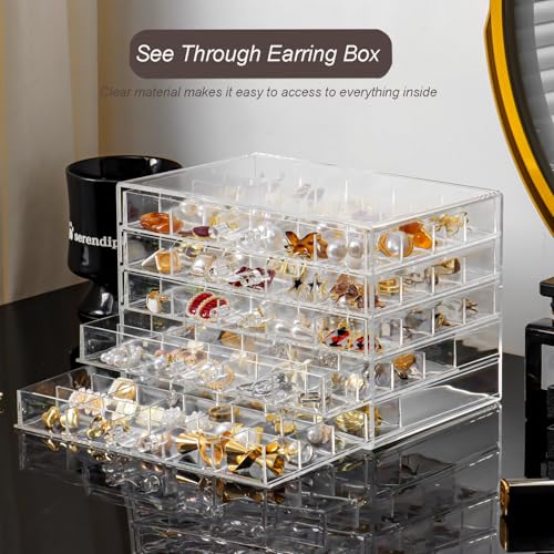 YUFONG Earring Holder Organizer Acrylic Earring Storage Box for Girls Women Jewelry Organizer Display Case with 100 Small Compartment (Clear, 5 Drawers)