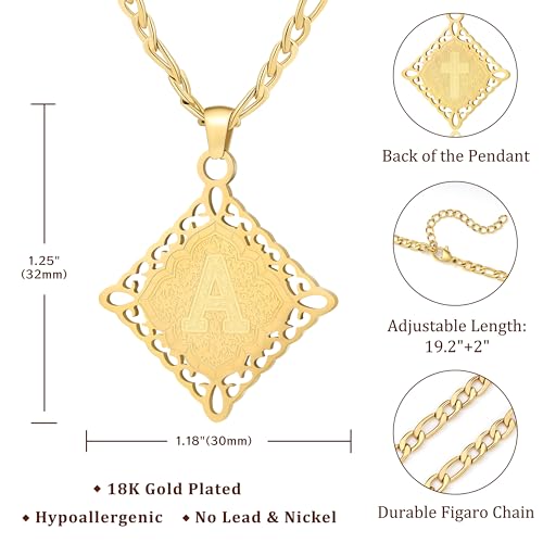 LETFLY Initial Necklaces for Women Men, 18K Gold Plated Letter Cross Pendant Necklace Alphabets A-Z Figaro Chain Jewelry Gifts - color: Rhombic, style: Letter A