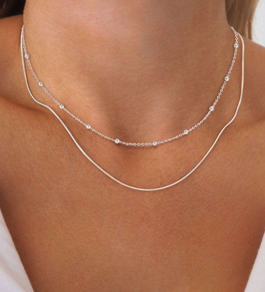 Freekiss Women's Layered Necklace Set - 3 Piece Dainty Gold Jewelry for Everyday Stacking | 14K Gold Plated Snake Chain, Rope Chain, Cuban Chain | Adjustable Length 14-18.5 Inch | Gift Ready - color: Silver, style: Layer Beaded Choker+1.5mm snake