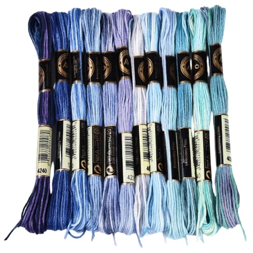 12 Skeins 105 Yards Blue Embroidery Thread Variegated Cross Stitch Floss Bulk 6 Ply Polyester Yarn Colorful Friendship Bracelet String for Sewing Making Needlecraft Knitting Stitching DIY - color: Dark Blue