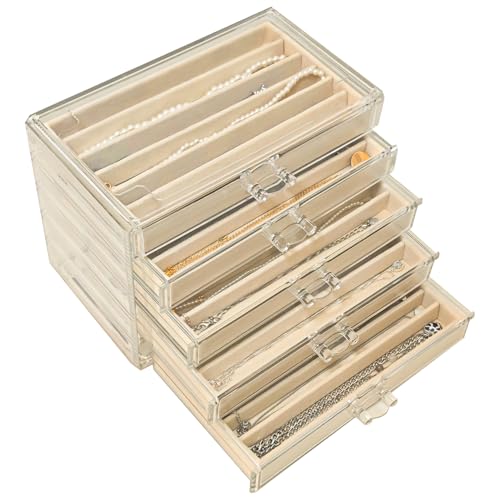 Necklace Organizer Box 5 Drawers Necklace Holder Organzer with 30 Compartments Velvet Necklaces Display Case with Lid Acrylic Jewelry Organizer for Necklace Pendant Chains (Beige) - color: Beige