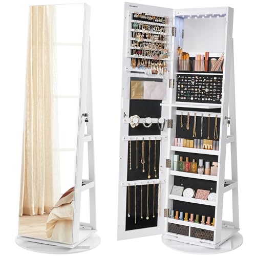 SONGMICS 6 LEDs Lockable Mirror Jewelry Cabinet, 360° Swivel Jewelry Organizer Armoire Standing, Full-Length Mirror with Storage, Mothers Day gifts for Mom, White Surface, Black Lining UJJC007W01 - color: White + Black