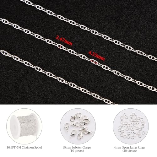 KYUNHOO 16.4 Feet Silver Plated Chains for Jewelry Making Thin Anchor Link on Spool Small Chain for Crafts DIY with Jump Rings Lobster Clasps - color: Bean Silver