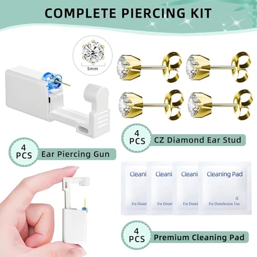 Nunpag 12 Pcs Ear Piercing Kit Disposable Ear Piercing Gun Kit with 4 Pcs 6 Prong Setting Cubic Zirconia Earrings Stud 316L Stainless Steel Easy to Use at Home Self Ear Piercer Gun Kit Tool - color: Gold