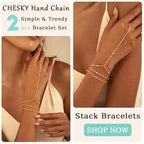 CHESKY 14K Gold Plated Hand Chain Bracelets for Women Set - Dainty Finger Ring Bracelet Stack Adjustable Hand Chains Durable Beaded Bracelets Trendy Simple Body Jewelry Gift for Women - style: 3beads bracelet-gold