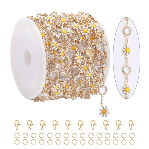 KYUNHOO 16.4FT/5M Gold Plated Chains for Jewelry Making Daisy Flowers Link Clear Bead Jewelry Chain Roll with Lobster Clasps Jump Rings for Crafting Findings - color: White Daisy Crystal