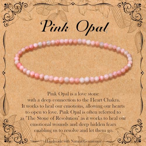 BONNY BOXX Natural Genuine Gemstone Faceted Round Beads Bracelets, 3mm Adjustable Stretchy Tiny Faceted Black Tourmaline Bracelet, Healing Crystal Reiki Chakra Dainty Jewelry Fashion Gifts - color: Pink Opal