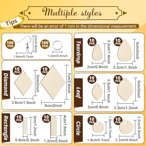 HAPY SHOP 300 Pieces Unfinished Wooden Earrings Teardrop/Circle/Leaf/Diamond/Rectangle Shapes Wood Earring Blanks 100 Pieces Earring Hooks and 100 Pieces Jump Rings