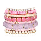 RIAH FASHION Multi Color Stretch Beaded Stackable Bracelets - Layering Bead Strand Statement Wrap Bangles - color: Boho Mix - Pink, size: 7.0 Inches Length