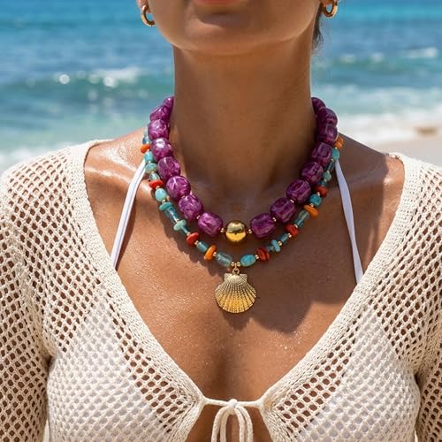 Mchic Colorful Beaded Choker Necklace for Women: Boho Large Square Acrylic Beaded Necklace Stainless Steel Adjustable Surfer Beach Strand Necklaces Summer Handmade Jewelry Gift for Women - color: Purple