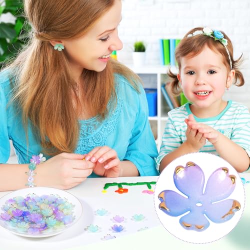 100pcs Cherry Blossom Beads, 5-Petal Gradient Acrylic Flower Beads, Mini Spacer Hair Accessories Halloween Christmas for Bracelets Earring Jewelry Making- Purple1 & Green - color: Purple1 & Green