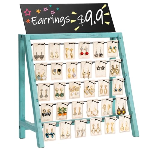 Poyilooo Jewelry Display for Vendors, 30 Hooks Wood Earring Display for Vendors Selling Bracelet Earring Holder with Adversitsing Board, Large Capacity Earring Display Stands Rack for Earring Cards - color: Weathered Teal