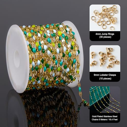 UMAOKANG 16.4 Feet Mixed Green Enamel Jewelry Making Chain Gold Plated Stainless Steel Chains Bulk on Spool - color: Gold-Green Colorful