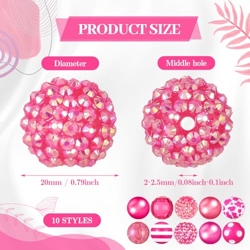 Ferreve 20 Pcs Chunky Bubblegum Beads 20mm Focal Pen Large Rhinestone Pearl Beads for DIY Beadable Pen School Jewelry Making Keychain Craft Making(Hot Pink) - color: Hot Pink