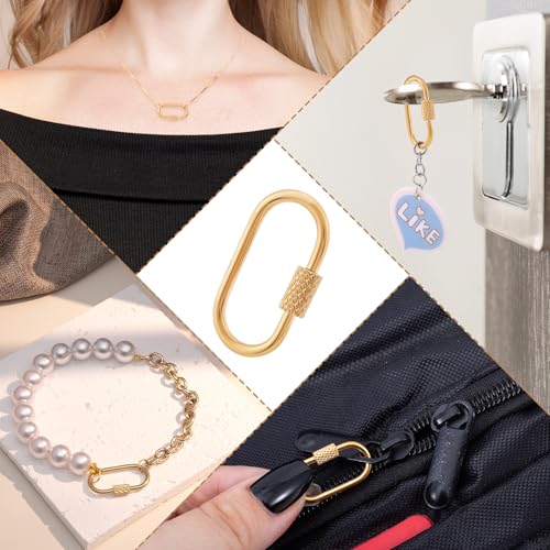 4 Pcs Locking Carabiner Small, Oval Jewelry Carabiner, Silver Carabiner Clasp, Metal Carabiner Necklace for DIY Necklace Bracelets Jewelry Making Hook (Gold) - color: 4 Pcs-Gold, Style1