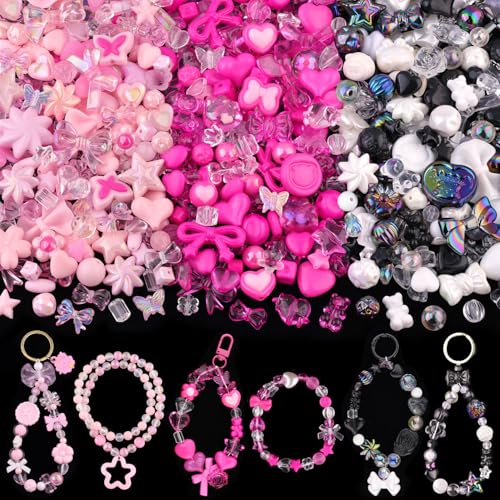 180-240PCS TINKRSTUFF Assorted Acrylic Beads 3 Mixed Series Cute Beads for Bracelet Making, Bow Aesthetic GummyBear Flower Butterfly Kawaii Charms for Jewelry Making DIY Necklace Keychain Phone Charm - color: 3 Color Series-Pink+Rose Pink+Black