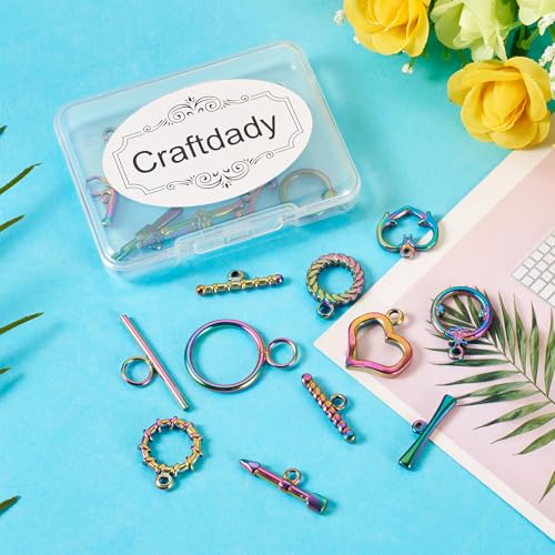 Craftdady 10pcs Sets Rainbow Steel Toggle Clasps Round Heart Ring Buckle T Bar Closure End Clasps for DIY Bracelet Necklace Jewelry Making, Mixed Styles Multi-Color - color: Colorful Mixed Style