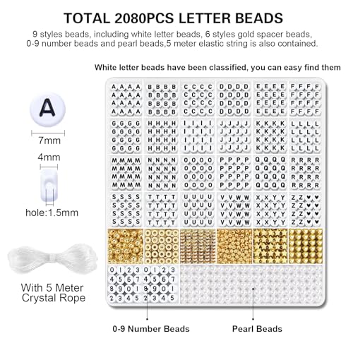 2080 Pcs White Round Letter Beads with Gold Spacers for Bracelets & Keychains, Alphabet Beads Kit with Accessories DIY Crafts for Women & Girls - color: A2#White Gold