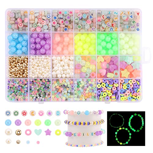 Glow in The Dark Beads UV Letter Alphabet Smile Star Glass Seed Clay Pearl Beads Plastic Pony Hair Bead Acrylic Colorful Changing Bead for DIY Craft Bracelet Necklace Jewelry Making Kit Mix Bulk - color: Luminous Beads