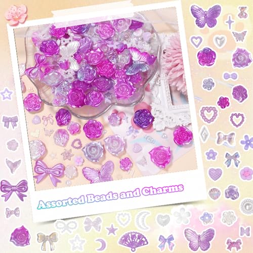 Cynailli 350 Pcs Junk Case Charms Purple 3D Resin ABS Rose Flower Bows Butterfly Charm with Bows Moon Heart Pearls Fun Beads Flatback Resin Charms for Craft DIY - color: color-S7