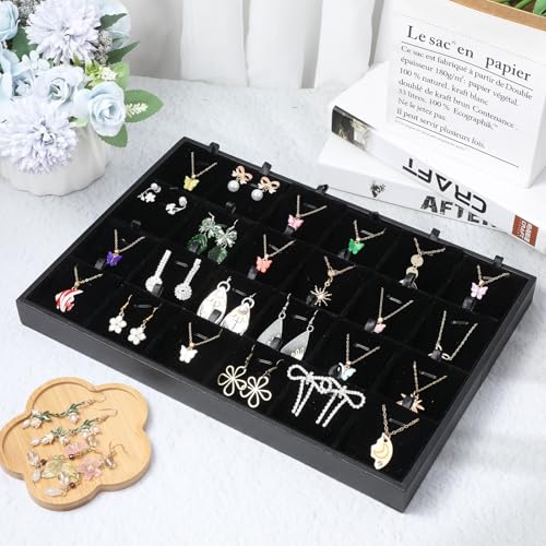 2-Pack 24 Grids Stackable Jewelry Tray Organizers with Removable Dividers – Velvet-Lined Display Trays for Earrings, Necklaces, Bracelets, Rings – Black