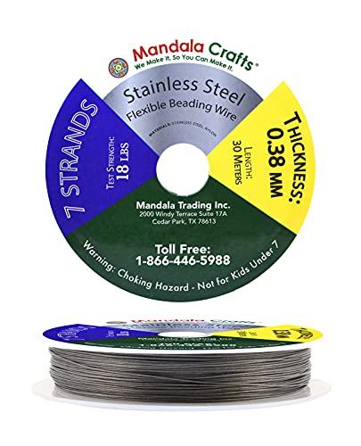 Mandala Crafts 7 Strand Beading Wire for Jewelry Making - 98 FT 26 Gauge Stainless Steel Braided Tiger Tail Wire for Bead Stringing - size: 7 Strands 26 Gauge 0.38MM 98FT