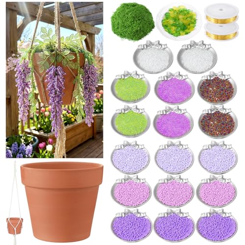 Potchen 13155 Pcs Wisteria Craft Beaded and 5 Inch Clay Pot Planter DIY Set, Glass Beads Plant Flower Making Kit with Artificial Moss Hanging Rope Purple Nature Series Colorful Crystal Leaf Jewelry