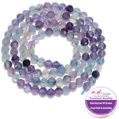 AD Beads Natural Gemstone Diamond-Cut Micro-Faceted Round Tiny 4mm Small Round for DIY Necklace Jewelry Making Beads (Fluorite) - color: Fluorite