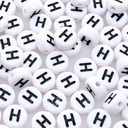 Amaney 100pcs H Letter Beads 7x4mm White Round Acrylic Black Alphabet for Bracelet Jewelry Making - color: H