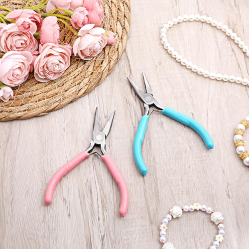 2 Pcs Chain Nose Pliers For Jewelry Making, 4.5 Inch Flat Nose Jewelry Pliers Precision Small Craft Plier for Jewellery Repair, Wire Bending, Object Grasping (Blue Pink) - color: Blue, Pink