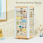 keomaisyto Earring Holder Organizer, Rotating Jewelry Holder with Ring Tray/Bracelet/Necklace Hooks, 360°Earring Organizer with Stable Bamboo Base for Jewelry Display, White - color: White & Grey