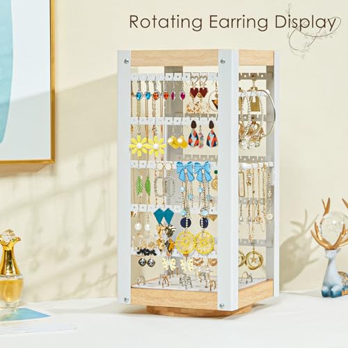 keomaisyto Earring Holder Organizer, Rotating Jewelry Holder with Ring Tray/Bracelet/Necklace Hooks, 360°Earring Organizer with Stable Bamboo Base for Jewelry Display, White - color: White & Grey