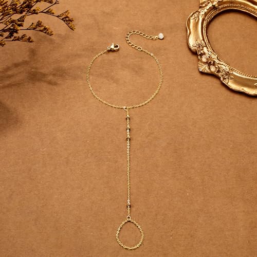 CHESKY 14K Gold Plated Hand Chain Bracelets for Women Set - Dainty Finger Ring Bracelet Stack Adjustable Hand Chains Durable Beaded Bracelets Trendy Simple Body Jewelry Gift for Women - style: 2chain bead bracelet-gd