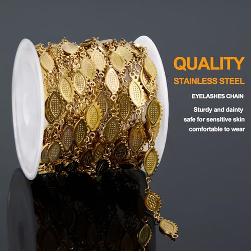 KYUNHOO 4 Meters Gold Plated Jewelry Making Chains Bulk on Spool Eyelashes Shaped Craft Roll Solid Stainless Steel Jewelry Chain for Women DIY Necklace Bracelet - color: Eyelash Gold