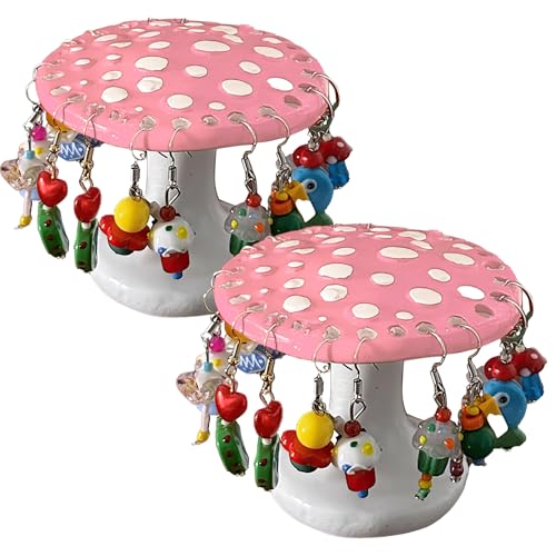 2-Piece Cute Mushroom Earring Holder Stand – Hand-Painted Jewelry Organizer Display Rack for Studs, Earrings, and Other Accessories – Room Decor Gift for Girls, Women, Teens (Pink) - color: Pink