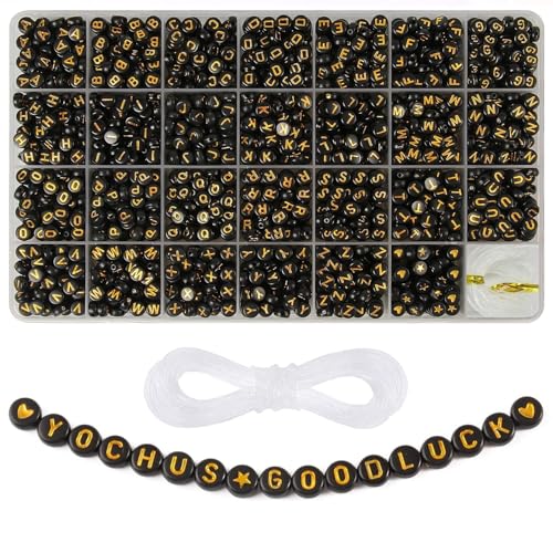 Yochus 1400pcs Black Letter Beads 4x7mm Sorted Alphabet Beads Gold Acrylic Letter Bead Kit for Jewelry Making and DIY Crafts, Bracelets, Key Chains - color: 1400pcs Gold Letters & Black Base, size: 4x7mm
