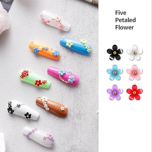 3D Colorful Flower Nail Charms,Flowers Acrylic Nail Charms with Metal Golden Round Beads for Nails Art DIY Accessories