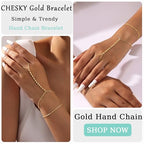 CHESKY 14K Gold Plated Hand Chain Bracelets for Women Set - Dainty Finger Ring Bracelet Stack Adjustable Hand Chains Durable Beaded Bracelets Trendy Simple Body Jewelry Gift for Women - style: 3beaded bracelet-gd