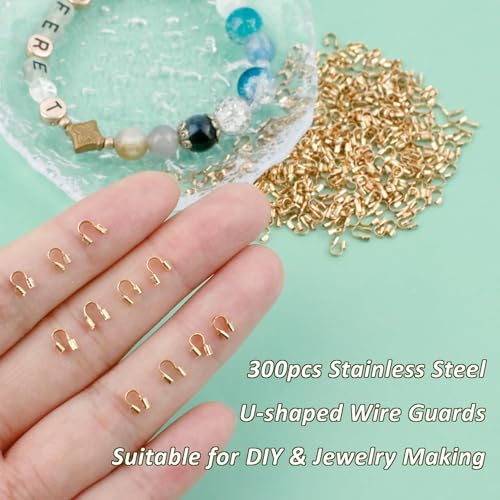 300Pcs Wire Guardian Protectors 0.7mm Hole U Shape Wire Guard Loops Thread Protector for Jewelry Making Findings Earring Necklaces Bracelet DIY Supplies (Gold) - color: gold