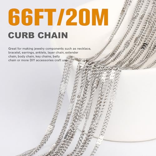 66FT Curb Chains Bulk 2mm Stainless Steel Flat Satellite Curb Link Chains Roll for Jewelry Making - color: Silver long embossed