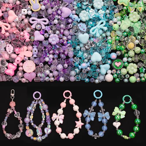 LAIDANLA 4 Color Assorted Acrylic Beads for Bracelets, Random Cute Beads Aesthetic Flower Star Heart Bow Butterfly Bear Candy Mix Beads for Jewelry Making DIY Necklace Keychain 180g - color: 4 Color Series-Pink+Purple+Blue+Green